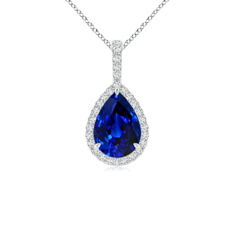 Lab-Grown Blue Sapphire Teardrop Pendant with Lab Diamond Halo