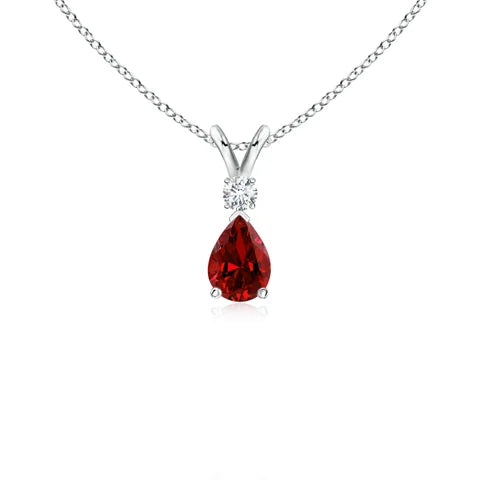 Prong-Set Lab-Grown Ruby Teardrop V-Bale Pendant with Diamond